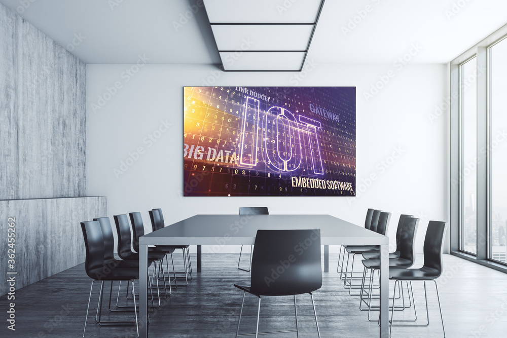 Poster creative iot concept on presentation screen in a modern conference room. 3d rendering