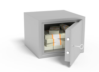 An open steel safe full of wads of dollars. Isolated on white background. 3d illustration