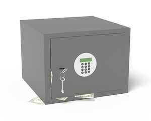 Closed steel safe full of wads of dollars. Isolated on white background. 3d illustration