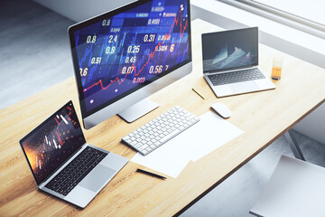 Modern computer screen with abstract creative financial chart, research and analytics concept. 3D Rendering