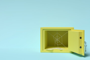 Empty safe with few dollar banknotes and a spider net inside. Colorful background. 3d illustration