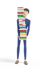 Man is holding tall ream of various books. Isolated on white background. 3d illustration