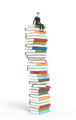 Man is sitting on the top of a tall ream of various books. Isolated on white background. 3d illustration