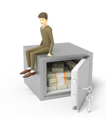 Man is sitting on the top of a safe with wads of dollars. Isolated on white background. 3d illustration