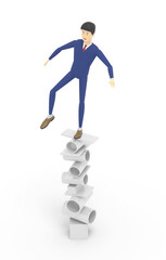 Man is trying to keep balance on the top of wobbling tower of round metal cylinders. White background. 3d illustration