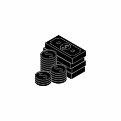 Dollar Money and Coin  - White Outline icon vector isometric. Flat style vector illustration.