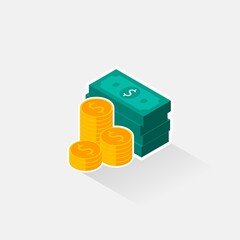 Obraz premium Dollar Money and Coin - White Stroke+Shadow icon vector isometric. Flat style vector illustration.