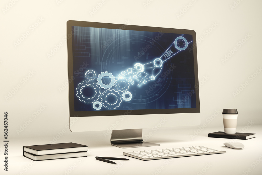Poster modern computer monitor with robotics technology hologram. research and development software concept