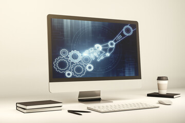 Fototapeta premium Modern computer monitor with robotics technology hologram. Research and development software concept. 3D Rendering
