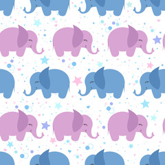 Seamless vector pattern with cute blue and pink elephants white background. Design for print, fabric, wallpaper, card, baby shower