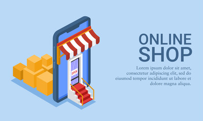 Vector illustration of an online shop and marketplace concept. Isometric background of a front view of an online shop. Shop entrance from the screen of a smart phone.