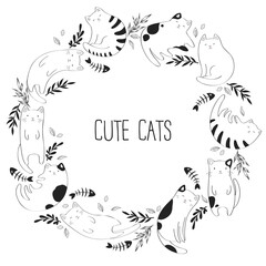 Vector illustration with black and white cute cats, fish bones, leaves and branches isolated on white background. Cat lover design for print, fabric, card, wallpaper, packaging