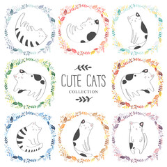 Vector collection of cute cartoon hand drawn cats with floral colorful frames isolated on white background