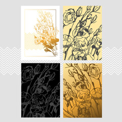Floral gold composition on black background for greeting cards, luxury mock ups.