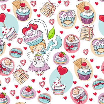 Seamless sweet cupcake party background pattern vector image