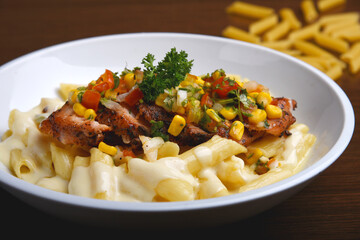 Macaroni pasta dish with mixed cheeses