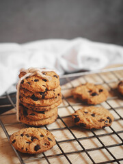 Baked chocolate cookies cooling on a rack
