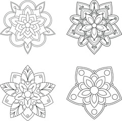 Simple mandala round ornament pattern set. Anti-stress coloring page for kids and adults. Yoga, tatoo, mehndi, lace design. Vector illustration.