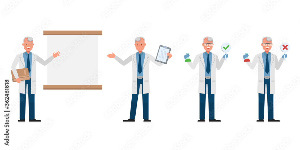 Poster man scientist character vector design. presentation in various action.