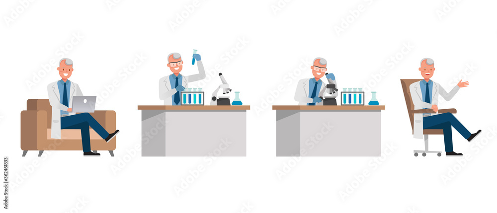 Poster man scientist character vector design. presentation in various action.