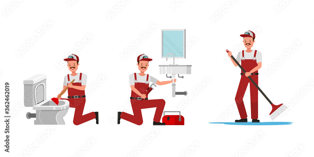 Poster plumber man character vector design. presentation in various action.