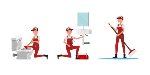 Plumber woman character vector design. Presentation in various action.