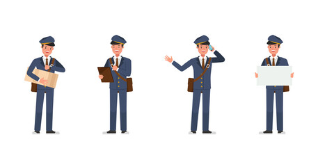 Postman character vector design. Presentation in various action.