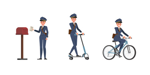 Postwoman character vector design. Presentation in various action.