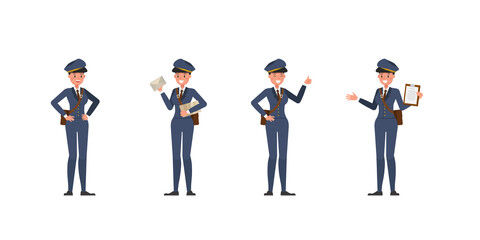 Postwoman character vector design. Presentation in various action.