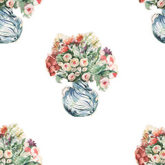 Obraz premium Seamless pattern.Vase with Flowers. Bouquet. Watercolor hand-drawn illustration, separately on a white background. Greeting card. Print, textile, vintage, sketch. 