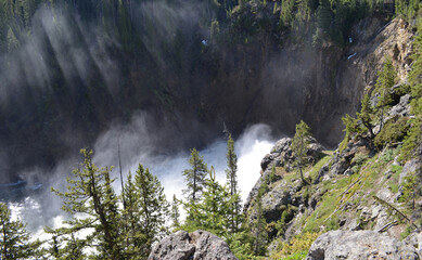 Late Spring in Yellowstone National Park: Morning Sunlight Filters Through the Mist as Yellowstone River Churns Below Upper Yellowstone Falls 