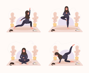 Collection arab pregnant women doing yoga, having healthy lifestyle and relaxation. Bundle exercises for girls. Modern vector illustration in flat style. Happy pregnancy concept on white background.