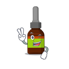 A joyful liquid bottle cartoon mascot style show two fingers pose