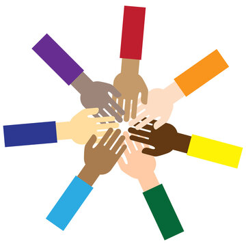 Hands held together. Vector image of team and unity. Symbol of people support. Union and group work in a team. Stock Photo.