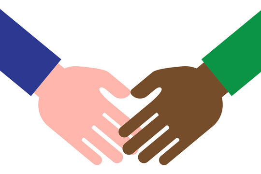 Vector icon of two partners hands. Flat cartoon image of a handshake. Illustration of an agreement between people. Stock Photo.