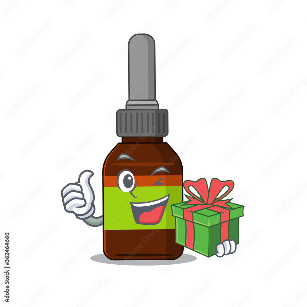 Poster Liquid bottle cartoon character concept with a big gift box