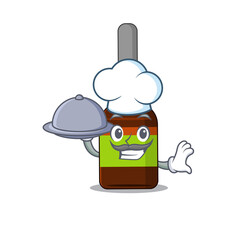 mascot character style of liquid bottle chef serving dinner on tray