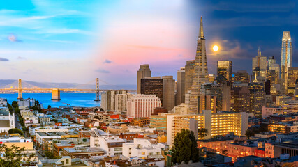 Day to night timelapse timeslice San Franciso panorama with full moon - Powered by Adobe