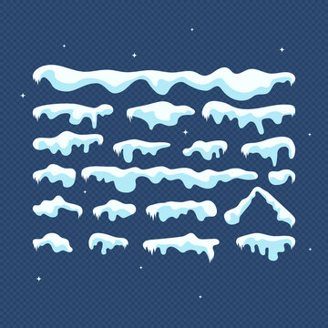Snow caps. Christmas cartoon vector. Snowfall and snowflakes Snowy elements on winter background. Vector template in cartoon style for your design.