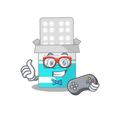Cartoon Mascot design of medical medicine bottle gamer using controller