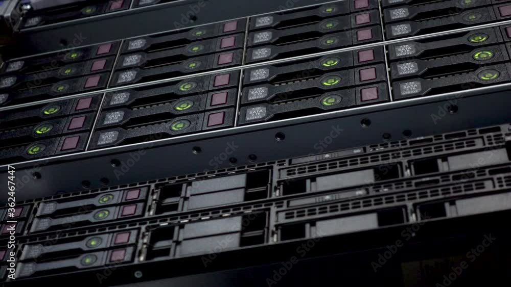 Aufkleber server rack cluster in a data center. many hdd sata