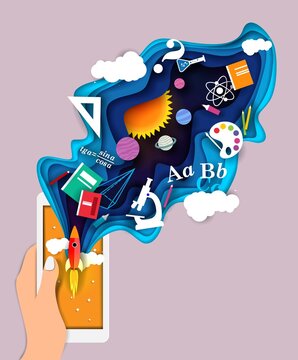 Human hand holding smartphone with flying up rocket, school supplies, education and science symbols. Vector illustration in paper art craft style. Mobile education app concept.