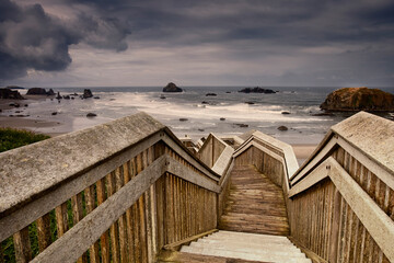 Steps leading to Bandon Beach in Oregon.