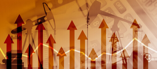 Rising prices for fuel resources. Up arrows on the background of oil rigs.