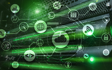 Connection Network Project 2020. Mixed Media Graphics on Virtual Screen Data Center. Cloud Computing.