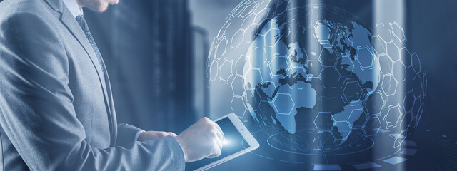 Modern server room supercomputers. Worldwide Concept of digital earth future.