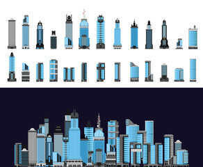 City towers and buildings in flat style on white background.