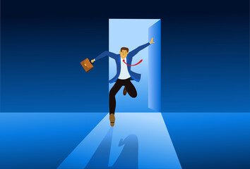 Businessman opening the door. entering or out side vector concept