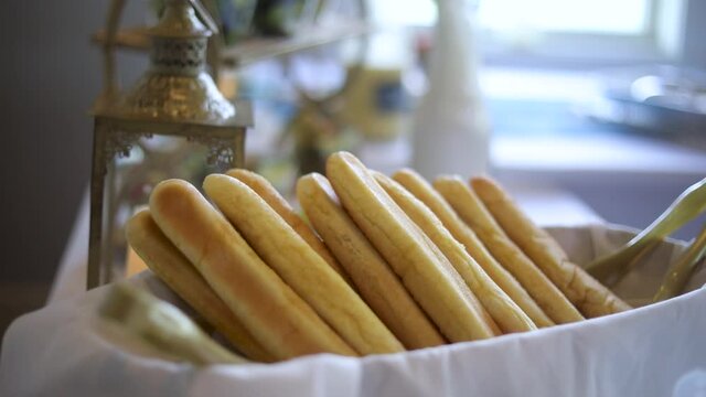 Breadsticks Food Basket at Delicious Italian Cuisine Dinner, Dolly Out