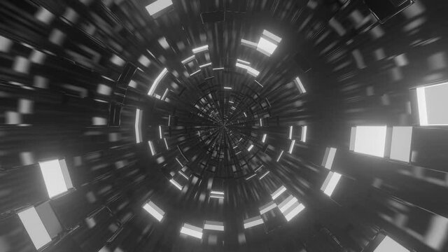 Computerized motion graphics of moving through black and white tunnel. Animation for video games, VJ loops.